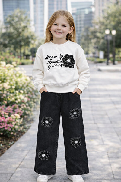 kahkaha kids Κοριτσίστικο Σετ με Τζιν Παντελόνι με Φαρδιά Μπατζάκια με Κέντημ...