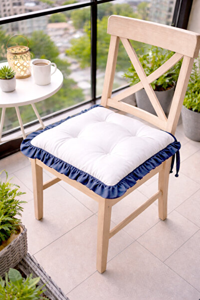 GOCCIA HOME Mavi Beyaz Fırfırlı Özel Dikişli Sandalye Minderi Dolgulu Kare Ba...
