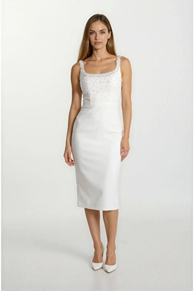 Spazio Ormilda Kare Yaka İnci İşlemeli Midi Abiye Elbise EKRU