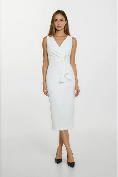 Spazio Daniele Kruvaze Yaka Bel Pileli Mendil İnci İşlemeli Midi Abiye Elbise...