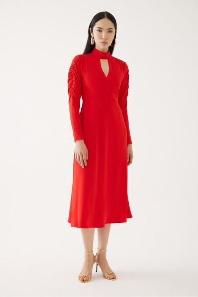 Exquise Red Sleeve Gather Detailed Dress