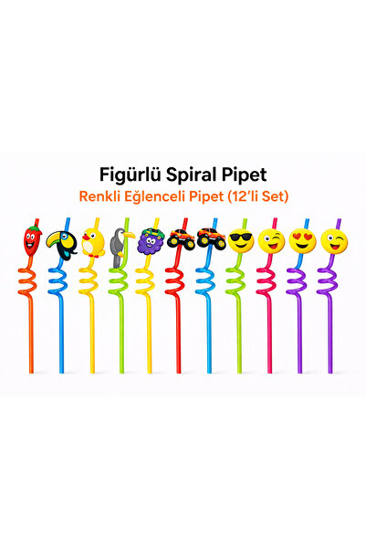ARVALE 12'Li Figürlü Renkli Eğlenceli Spiral Pipet