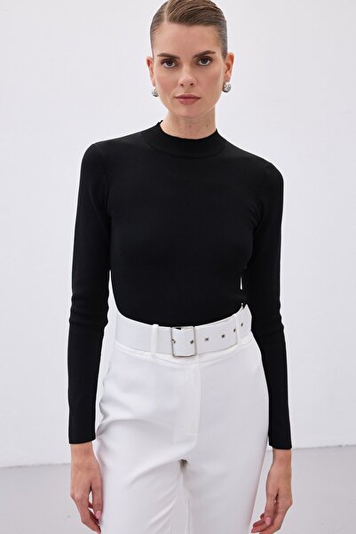 Sateen Black Knitwear Half Fisherman Blouse