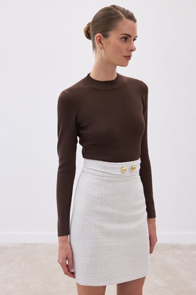 Sateen Yarım Balıkçı Triko Bluz - Kahve