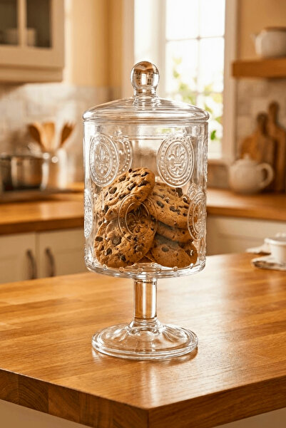 Jenisa Footed Patterned Glass Jar with Lid - 1500ml. Glass Storage Container