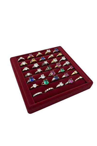 MeGass Dekor حامل عرض حلقات من قماش الجلد المدبوغ باللون العنابي 15 سم / 15 سم