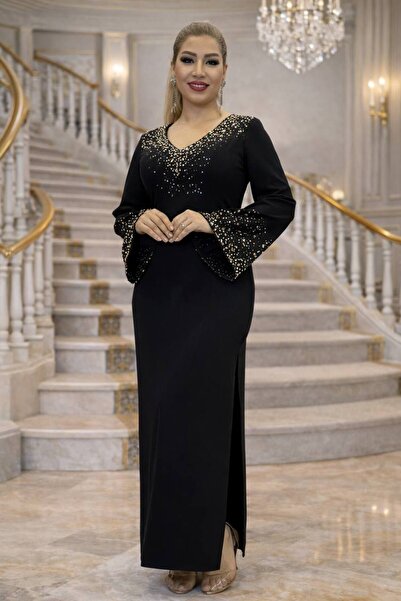 Yeşilmoda Evening Dress Women's Crepe Gold Stone and Pearl Embroidered Yı Sli...