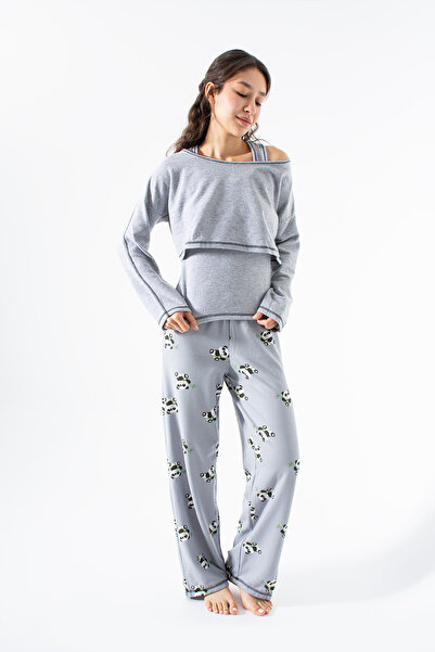 Ecrou Women's Gray Melange Panda Pattern Waffle 3-Piece Pajama Set