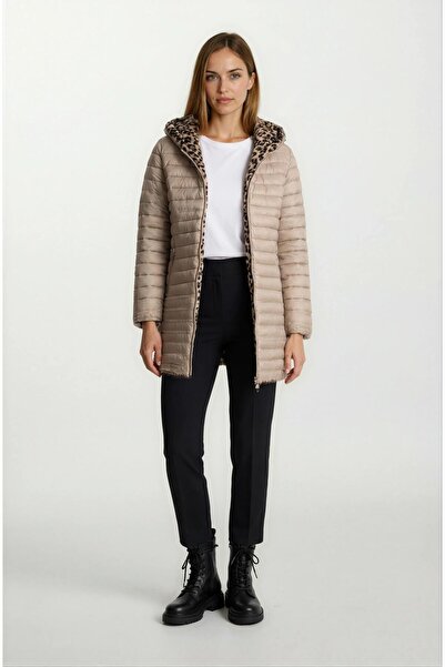 Spazio Sorrentino Çift Taraflı Kapitoneli Leopar Peluş Kapüşonlu Kaban VİZON