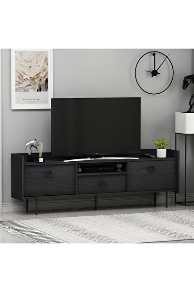 İNARCH DİZAYN T0015 Lidya Kapaklı, Açık Raflı Tv Sehpası, Tv Ünitesi Ahşap Siyah