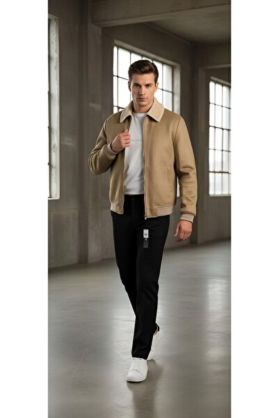 MODA معطف رجالي سميك من جلد النوبوك مع ياقة من الفرو