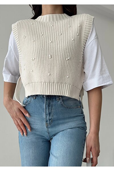BEJNA Women's Stone Side Tie Pearl Detailed Knitwear Sweater