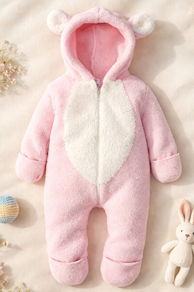 bshood X İpek Atlas Kız Erkek Bebek Ve Çocuk Pembe Kışlık Ayı Tulum