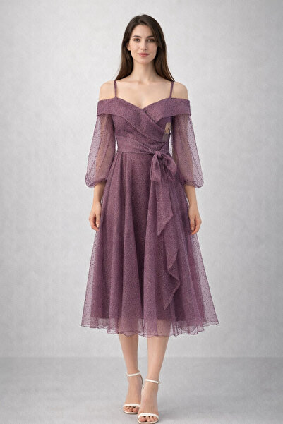 Saygın 399 Поважне вечірнє плаття середньої довжини з поясом з тюлю