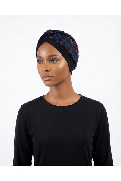elysianfidan Authentic Embroidered Motif Lined Ready-To-Wear Turban Hijab Cap Suitable for Medical Use