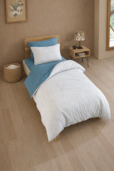 Cottonest طقم غطاء لحاف مفرد مخطط من القطن 160×220 – غطاء وسادة واحد