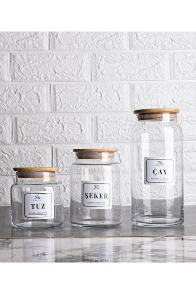 Pembelia Life 3'lu Bambu Kapaklı Vakumlu Cam Çay Şeker Tuz Saklama Kavanoz Se...