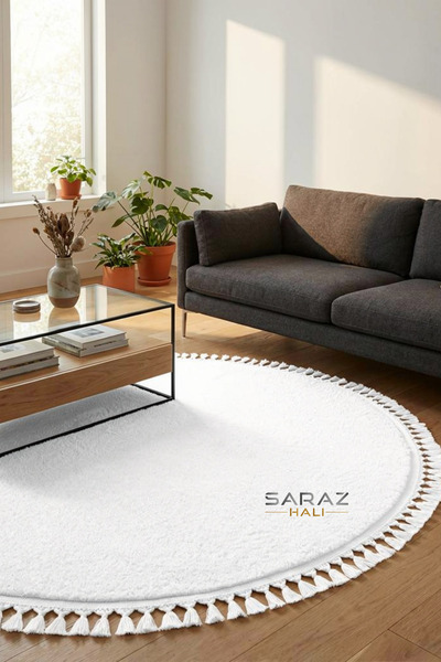 SARAZ HALI Yuvarlak Comfort Puffy Ponpon Saçaklı Yıkanabilir