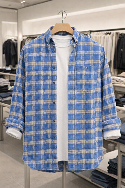 Varetta Erkek Mavi Kareli Kışlık Gömlek Cepli Geniş Kesim