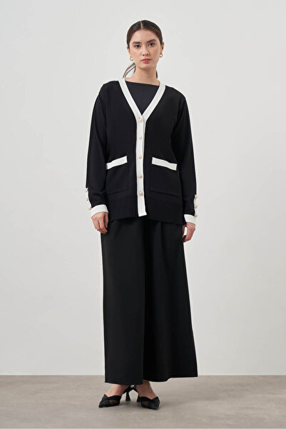 Mizalle Şeritli Rayon Siyah Hırka