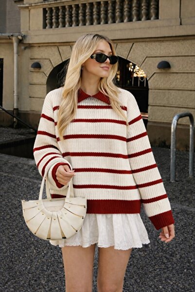 moda mh Women's Selani̇k Knitted Polo Neck Striped Oversize Style Sweater