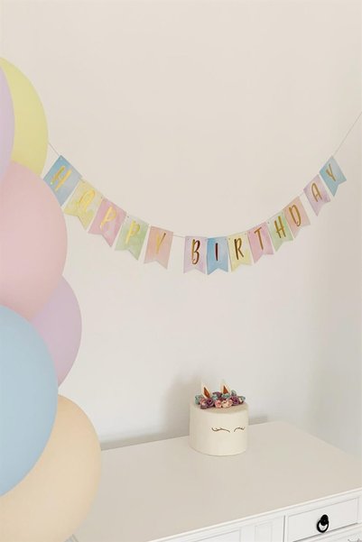 Partifabrik Makaron Renkler Happy Birthday Yaldızlı Yazı Süs