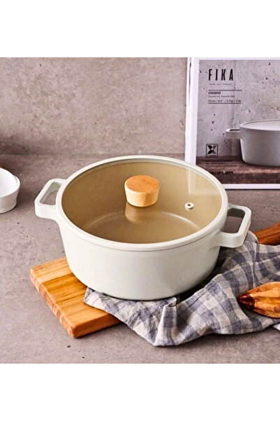 NEOFLAM Fika Alüminyum Döküm Tencere 24cm Bej Rengi Cam Kapaklı 1 Adet Sağlam...