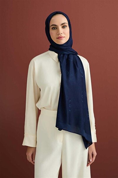 Imannoor Pamuk İpek Şal - Zincir Kare Desenli - Lacivert
