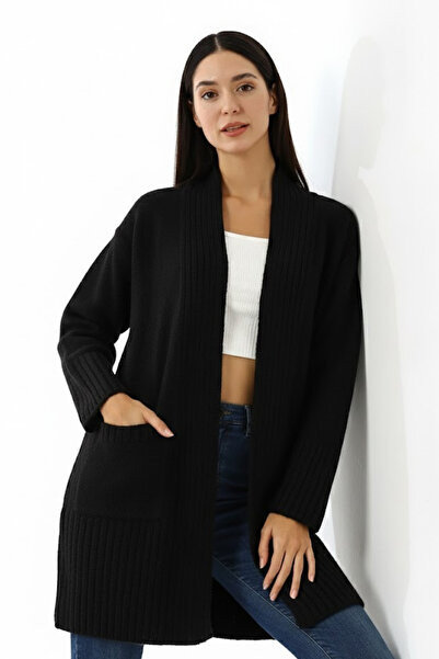 Marvine Cardigan tricotat negru cu supradimensionat buzunare pentru femei