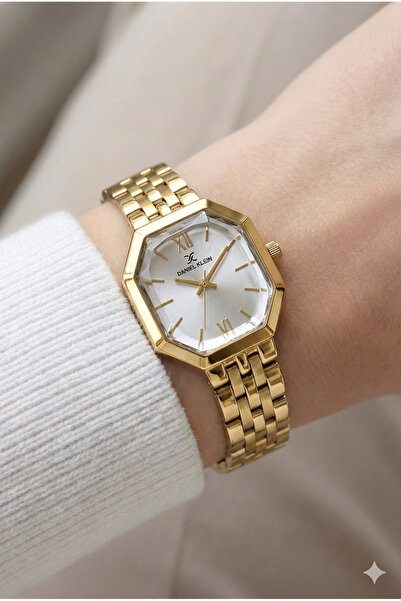 Daniel Klein Kadın Altın Çerçeve Bilezik Metal Kordon Kol Saati - Kesme Cam M...