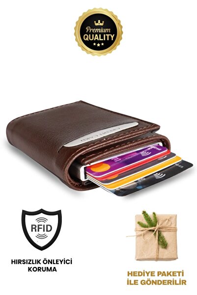 LELTH حافظة بطاقات ميكانيكية من الجلد النباتي للرجال - محفظة بنية اللون مع حم...