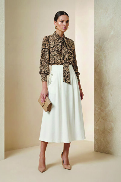 Zems Boncuk Detaylı Cepli Ekru Uzun Etek