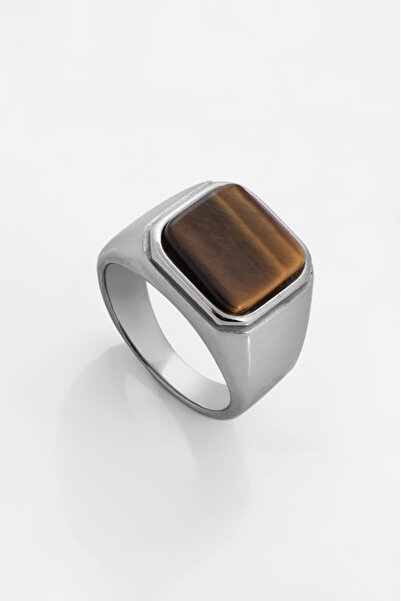 UKHWD SUPPLY خاتم رجالي مربع من الحجر البني