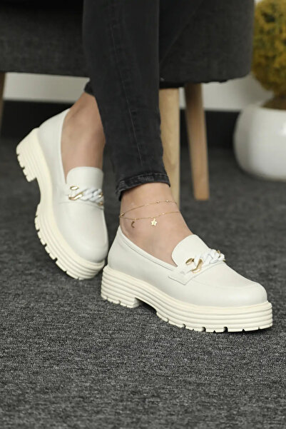 Cooliza Hakiki Deri Tokalı Günlük Kalın Taban Rahat Kadın Loafer Ayakkabı Beyaz