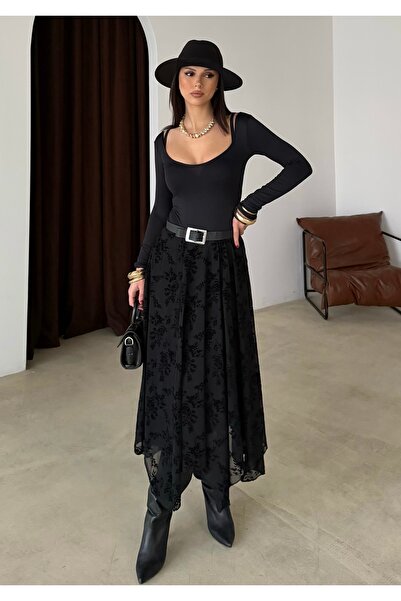 BEJNA Women's Embossed Patterned Asymmetrical Tulle Skirt