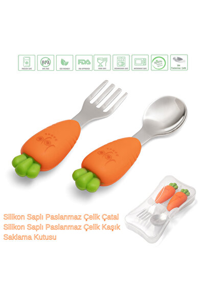 jojobebek Çocuk Silikon Saplı Paslanmaz Çelik Uçlu Çatal Ve Kaşığı (HAVUÇ FİG...