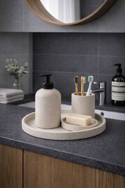 Liva Home Life 4 Parça Beton Banyo Seti Sıvı Sabunluk Katı Diş Fırçalık Tepsi...