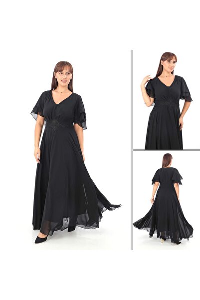 ANGELINO Büyük Beden Kadın Pelerin Kol İşleme Detaylı Dökümlü Siyah Şifon Abi...