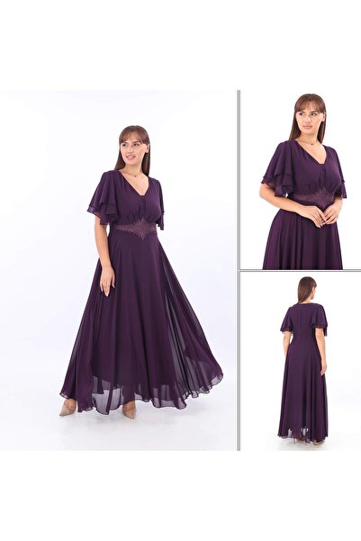 ANGELINO Büyük Beden Kadın Pelerin Kol İşleme Detaylı Dökümlü Mor Şifon Abiye...