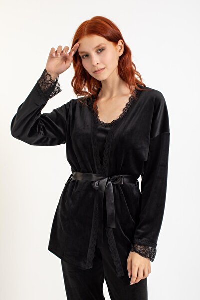Pemilo Women's 13402-1 Lace Robe Velvet Pajama Set
