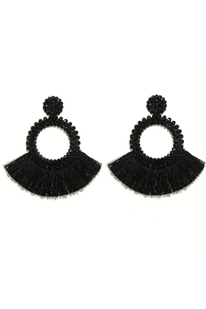 1PARÇAMAVİ İp saçaklı büyük boy klipsli mandallı kadın küpesi - deliksiz kula...