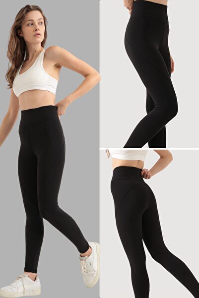 less is or Yüksek Bel Zayıf Gösteren Dikişli Siyah Tayt