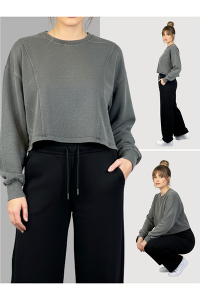 lessisor.co سويت شيرت رمادي كبير الحجم بأكمام طويلة