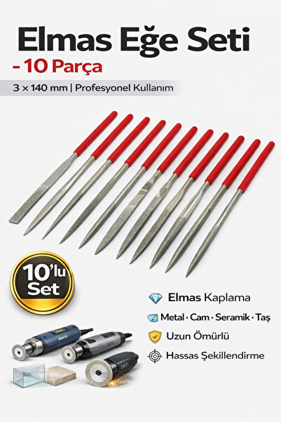 MertTools Elmas Eğe Seti 10 Parça 3x140 mm – Cam Metal Seramik Taş İçin Hassa...