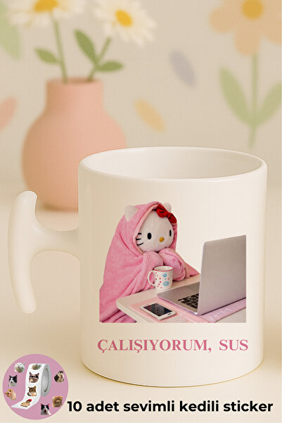 Witchy Co Hello Kitty Çalışıyorum Sus Yazılı, Komik Kupa Bardak ve 10 Adet Ke...