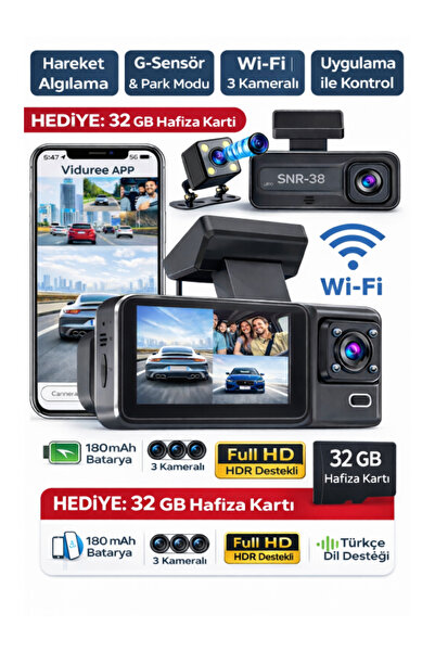 SONREİR SNR -38 Wi-Fİ Full Hd 3 Kameralı Araç içi Güvenlik Kamerası IR Gece G...