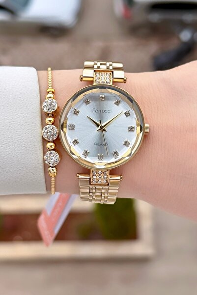 Ferrucci Sarı Renk 32 mm Kadın Kol Saati ve Bileklik