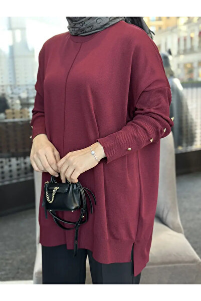 nizzell New Season Women's Sleeves Button Detail Mercerized Sweater Tunic