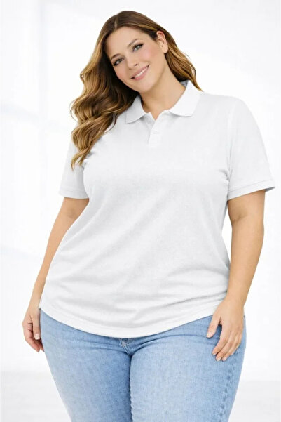 Butik تي شيرت بأكمام قصيرة وياقة مزودة بأزرار من قماش بايك مقاس كبير - أبيض