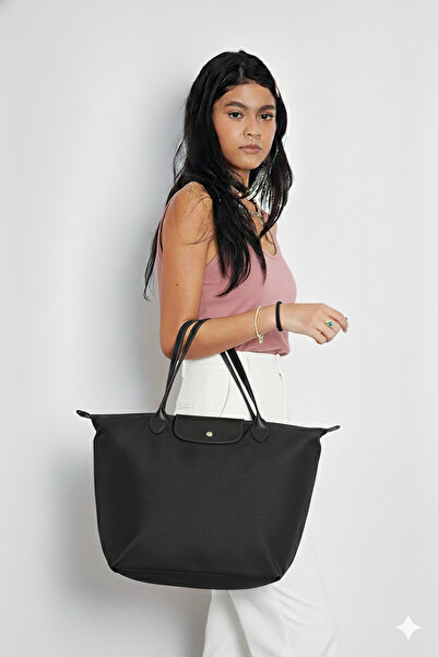 Madame Katlanır Fermuarlı Büyük Boy Kadın El Ve Omuz Çantası Siyah a Siyah